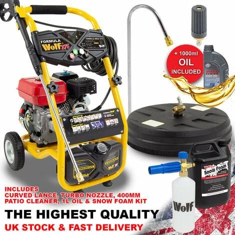 Formula Wolf 275 Petrol Pressure Washer, Curved Lance, Turbo Nozzle, Patio Cleaner, Oil & Snow Foam Kit 1 Formula Wolf 275 Petrol Pressure Washer, Curved Lance, Turbo Nozzle, Patio Cleaner, Oil & Snow Foam Kit